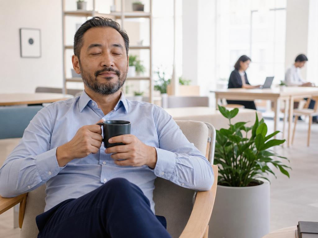 Professionele man neemt een bewuste pauze om energie te herstellen