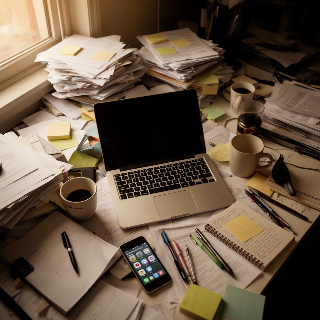 Druk bureau met laptop, stapels papier en sticky notes